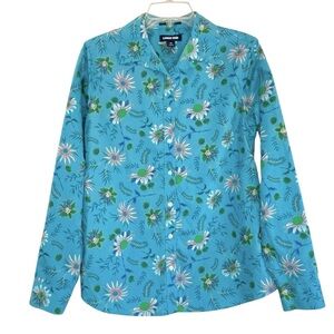Land's End 100% SUPIMA Cotton No Iron Aqua Floral Button up Shirt ladies size 10